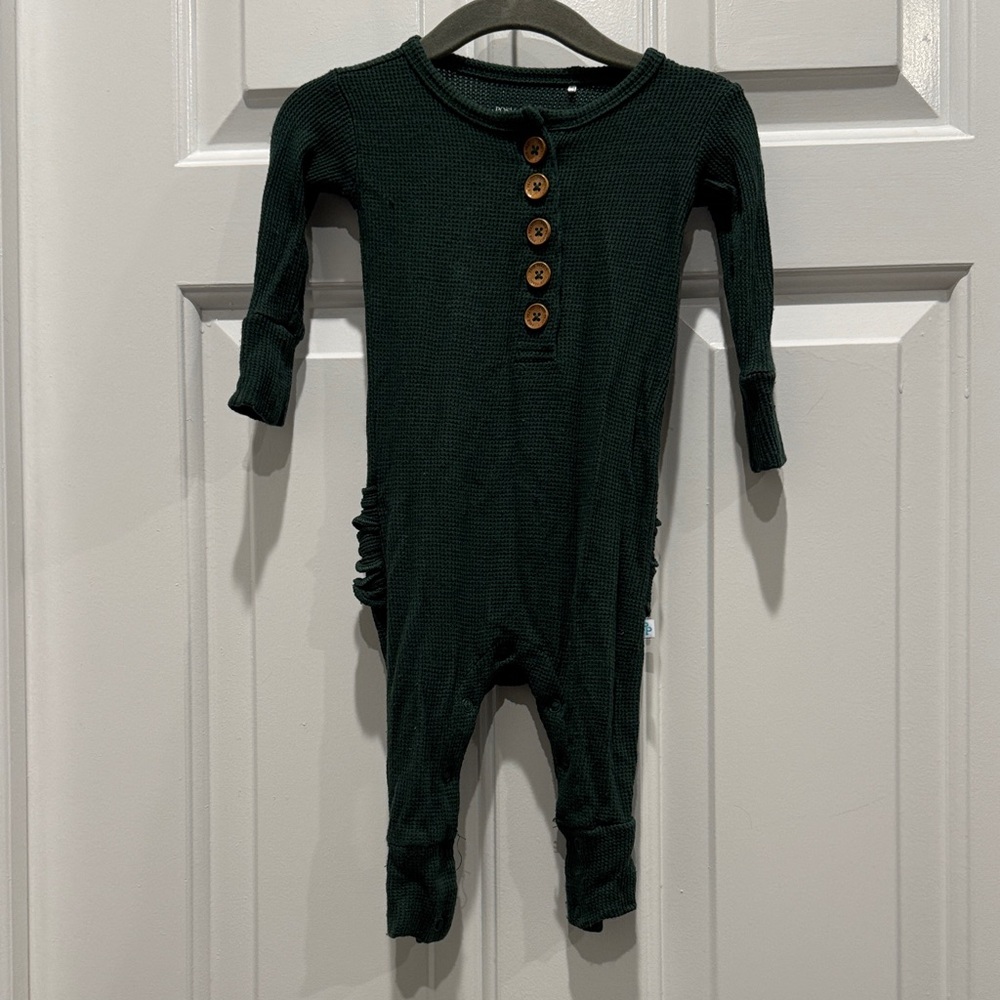 Posh Peanut thermal onesie forest green footless with ruffle butt crotch snaps.